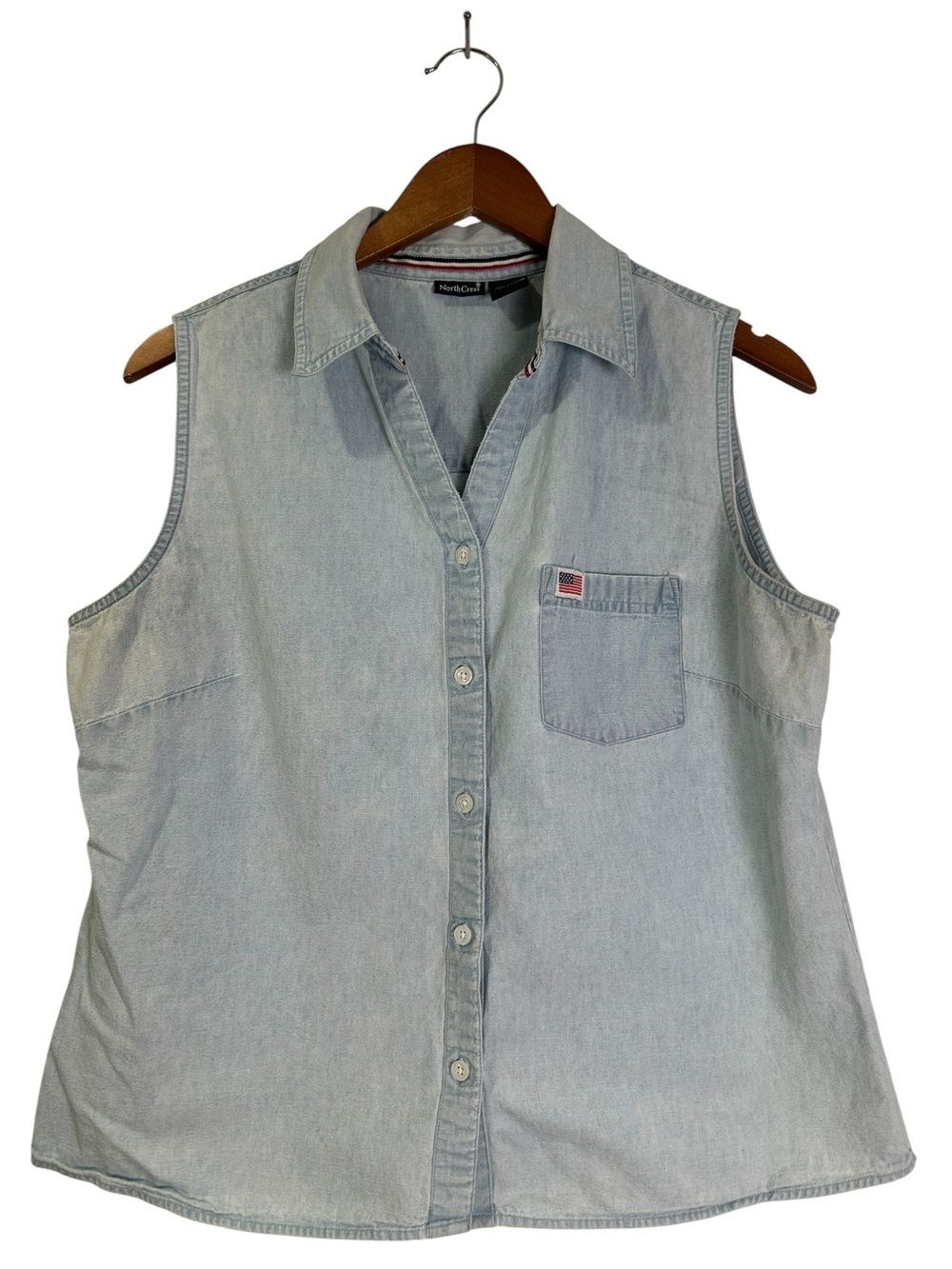 Vintage NorthCrest L Sleeveless Light Wash Denim American Flag Patch Button Top
